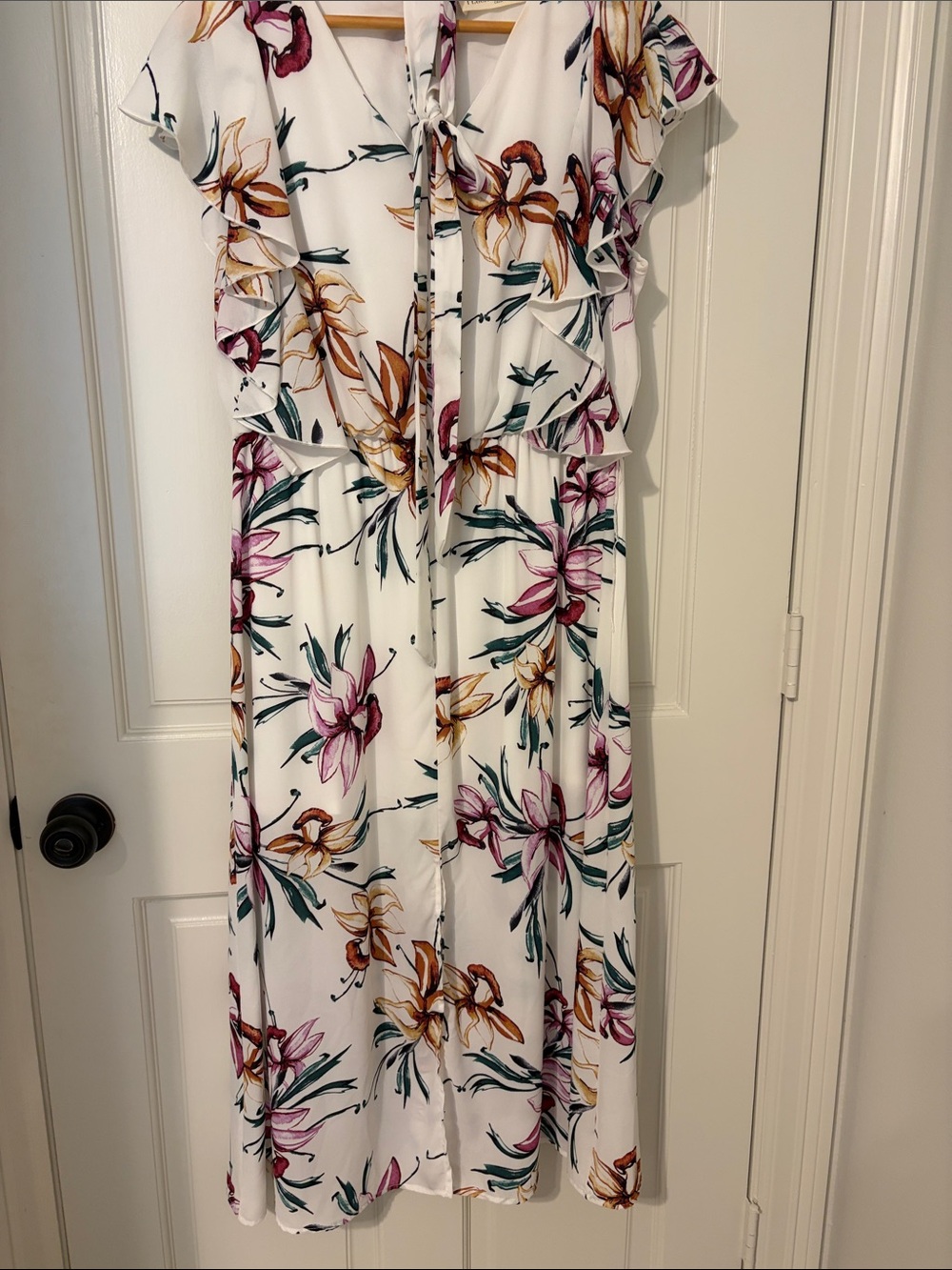 Peach Love California White Floral Maxi Dress with Pink & Gold Blooms